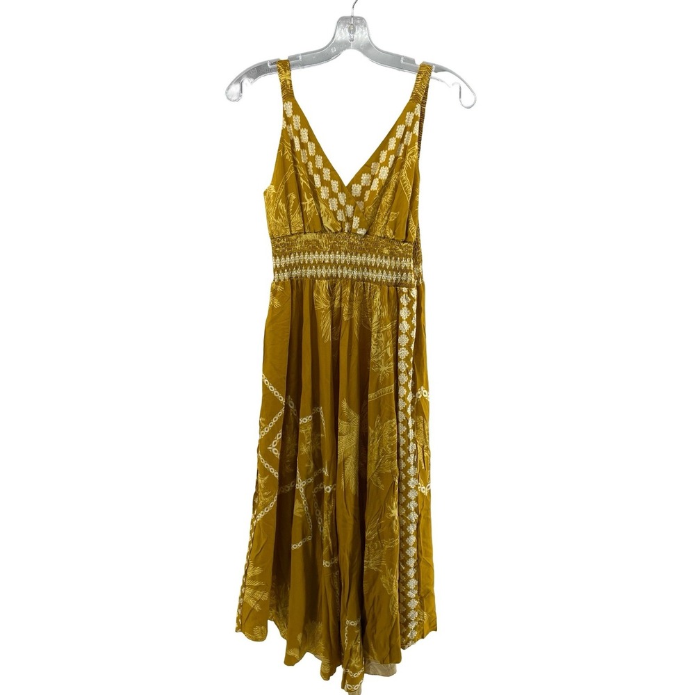 C Outfits Women's Dress Midi Tropical Mustard Yellow Rayon Large/XL NWT